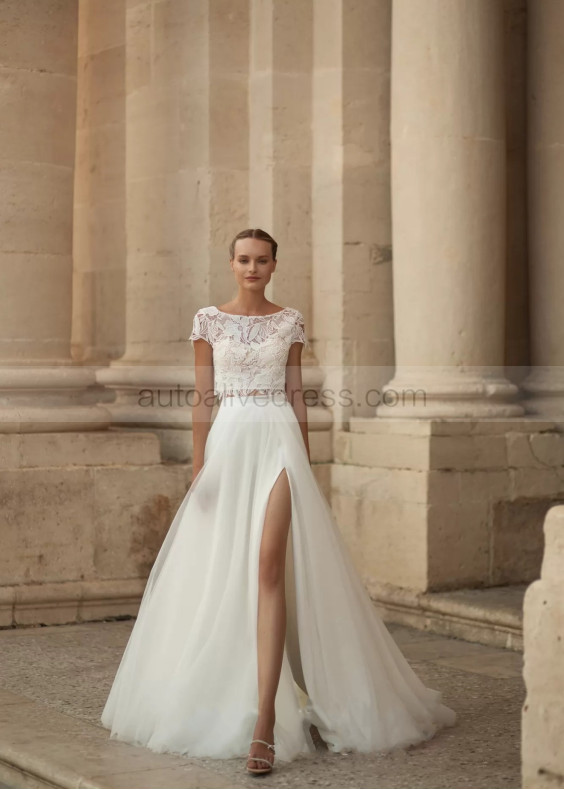 Two Piece Ivory Lace Tulle Slit Wedding Dress Two Piece Ivory Lace Tulle Slit Wedding Dress